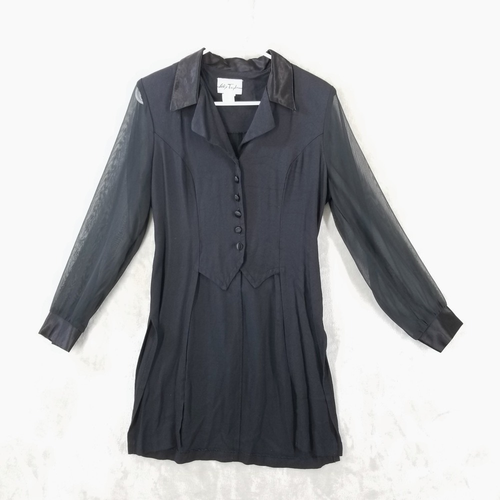 Alix Taylor Longline Vest Jacket Women 10 Black Satin Trim Sheer Gothic Vintage